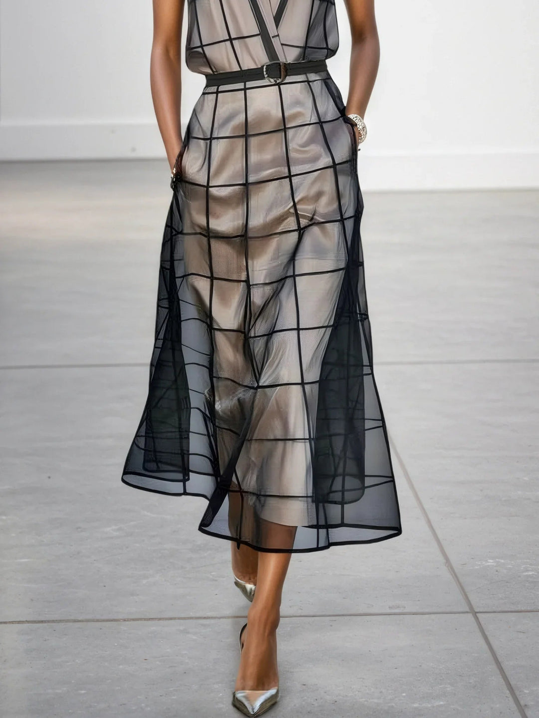 Checkered Tulle Lapel Sleeveless Belted Maxi Dress