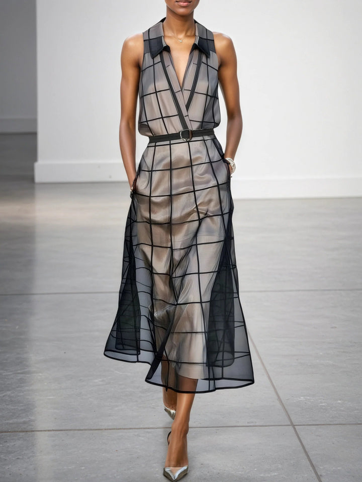 Checkered Tulle Lapel Sleeveless Belted Maxi Dress
