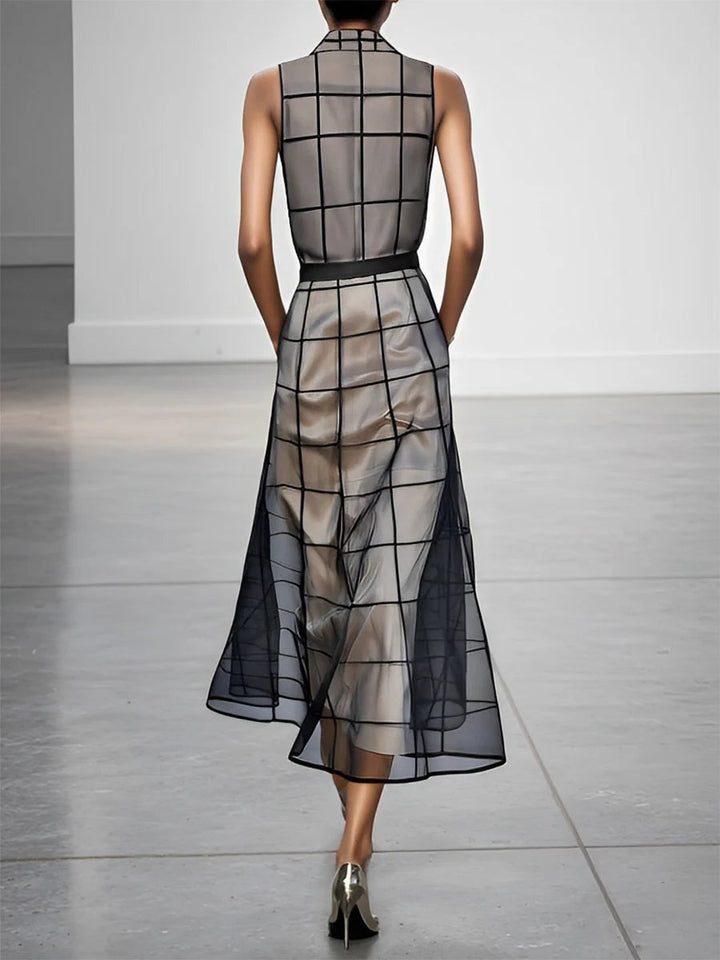 Checkered Tulle Lapel Sleeveless Belted Maxi Dress