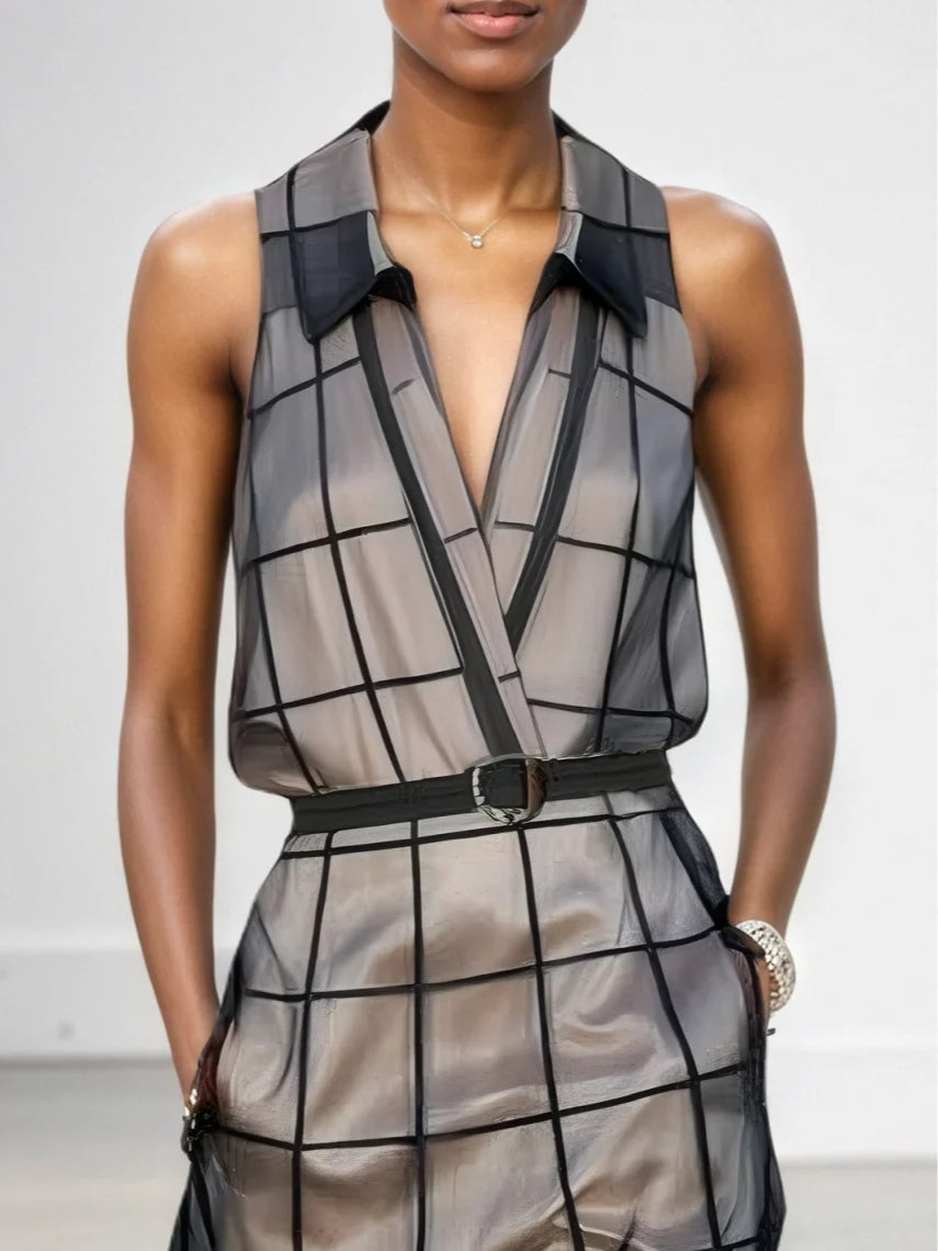 Checkered Tulle Lapel Sleeveless Belted Maxi Dress