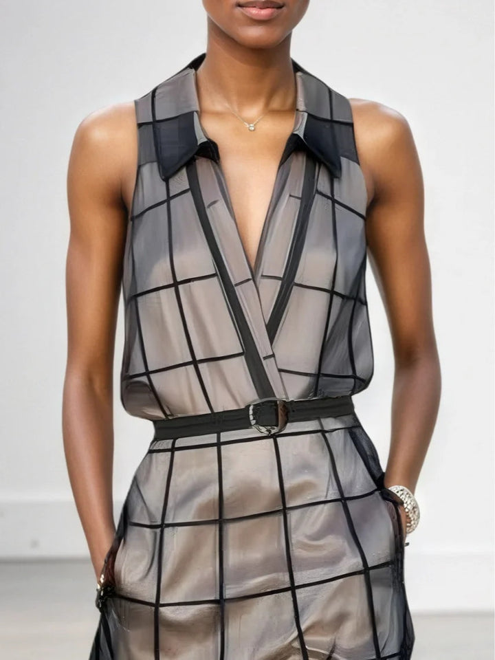 Checkered Tulle Lapel Sleeveless Belted Maxi Dress