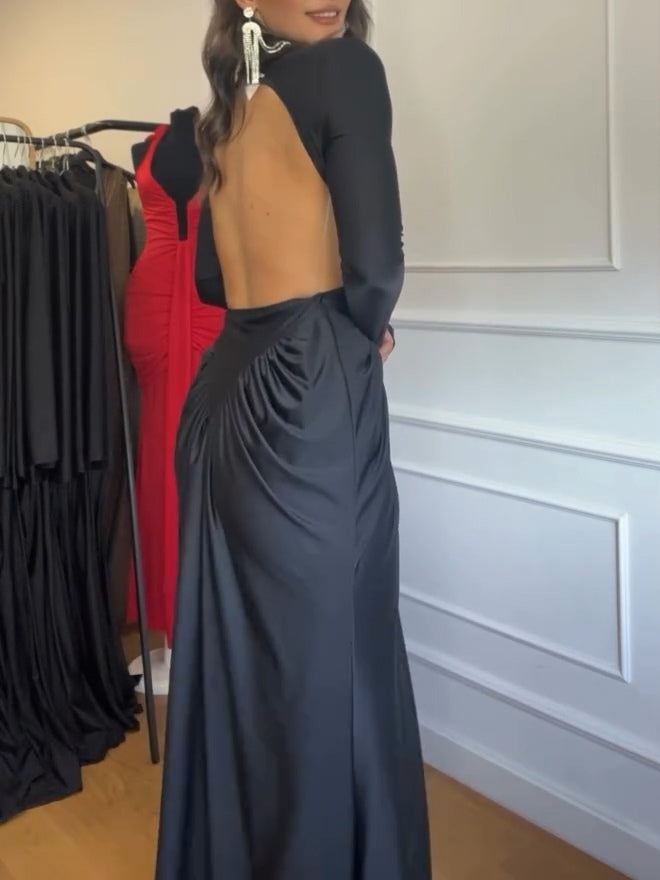Black Open Back Long Sleeve Pleated Maxi Dress