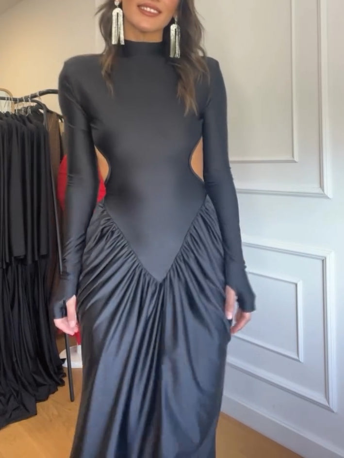 Black Open Back Long Sleeve Pleated Maxi Dress