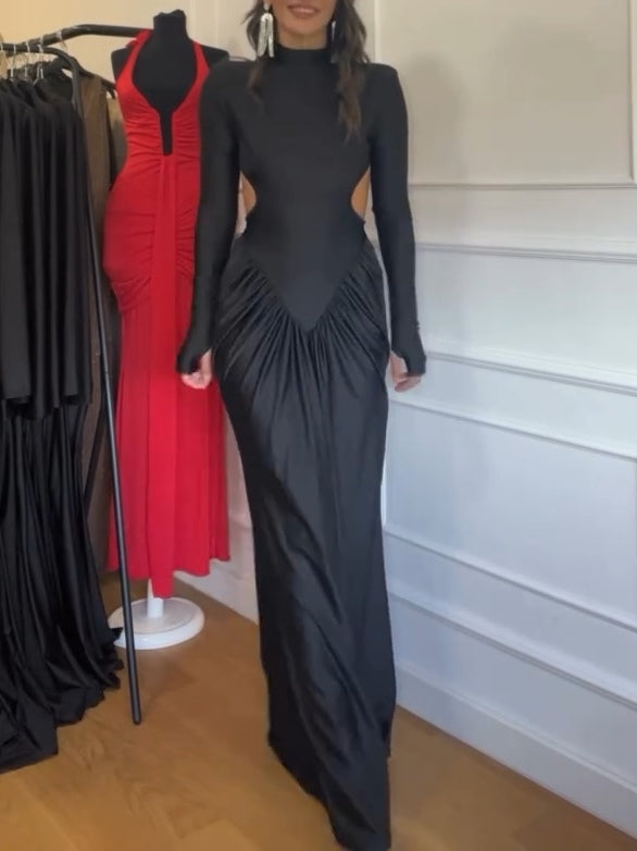 Black Open Back Long Sleeve Pleated Maxi Dress