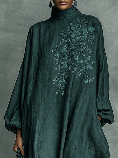 Dark Green Loose Shoulder Floral Half-high Collar Maxi Dress