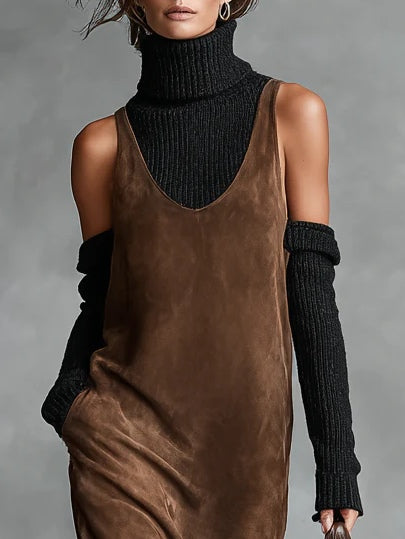 Retro Simple Suede U-Neck Sleeveless Tank Midi Dress