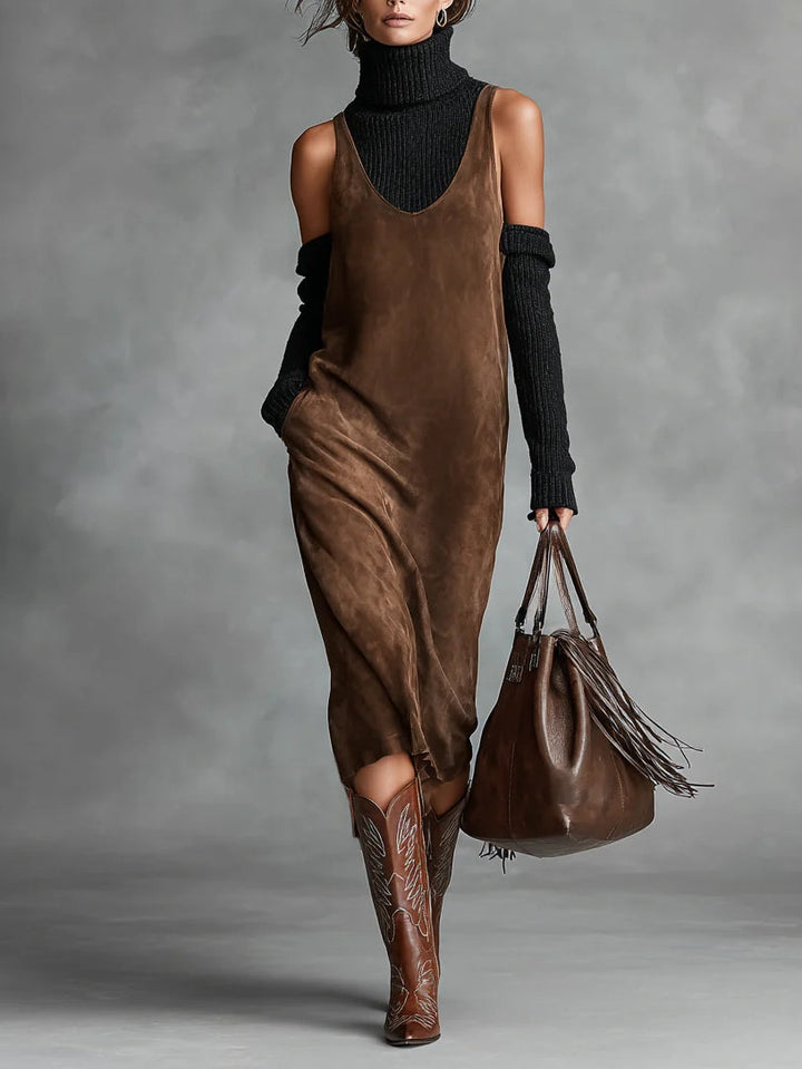 Retro Simple Suede U-Neck Sleeveless Tank Midi Dress