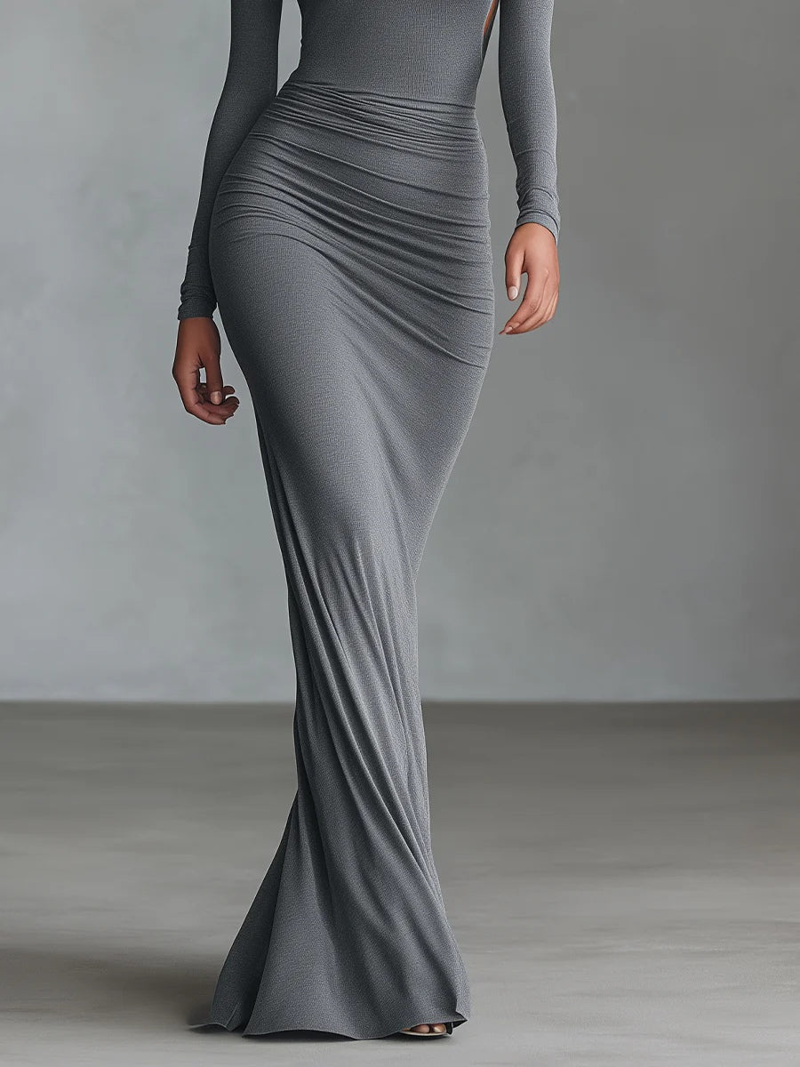 Gray Elegant Stretch Knit Pleated Open Back Maxi Dress
