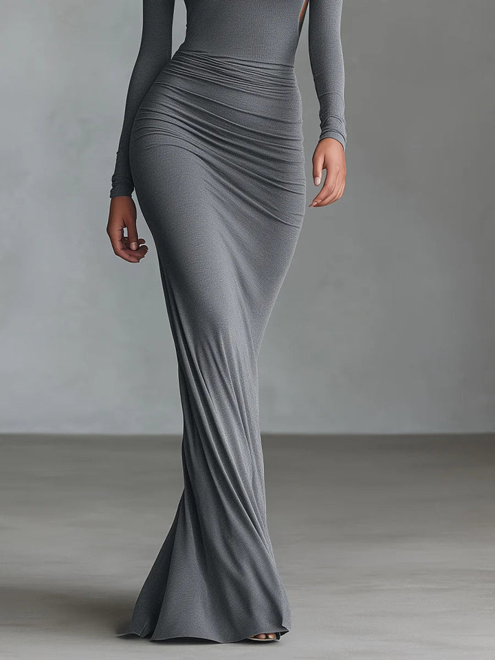 Gray Elegant Stretch Knit Pleated Open Back Maxi Dress