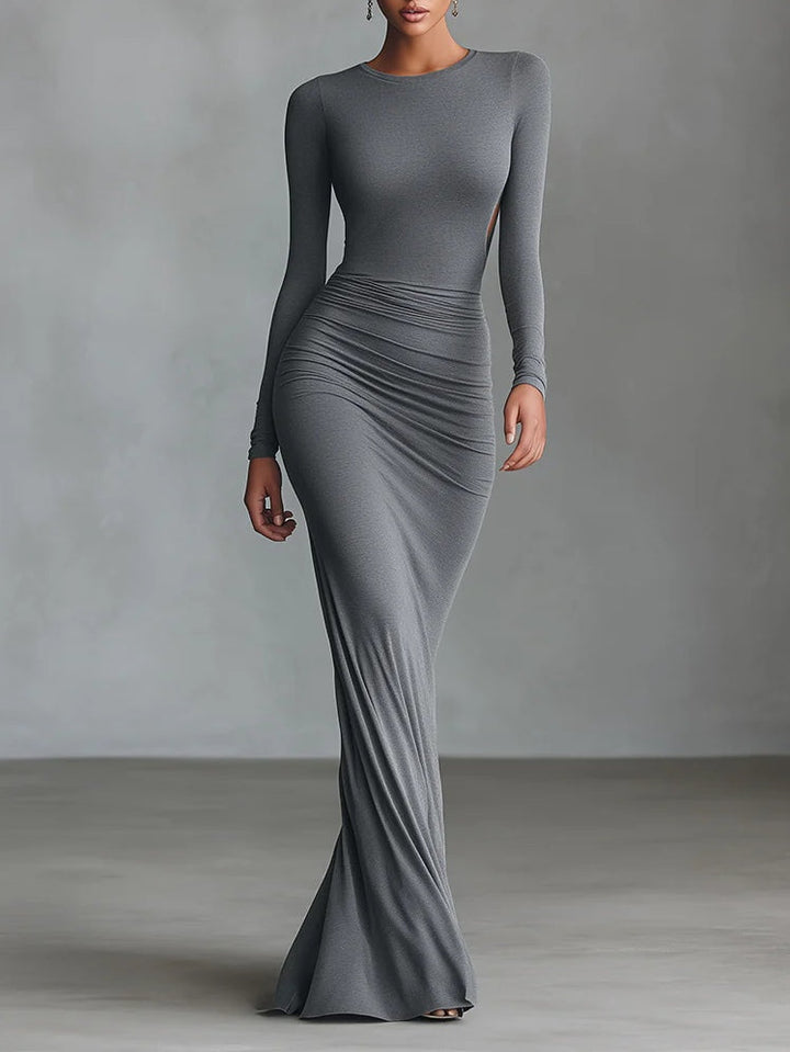 Gray Elegant Stretch Knit Pleated Open Back Maxi Dress
