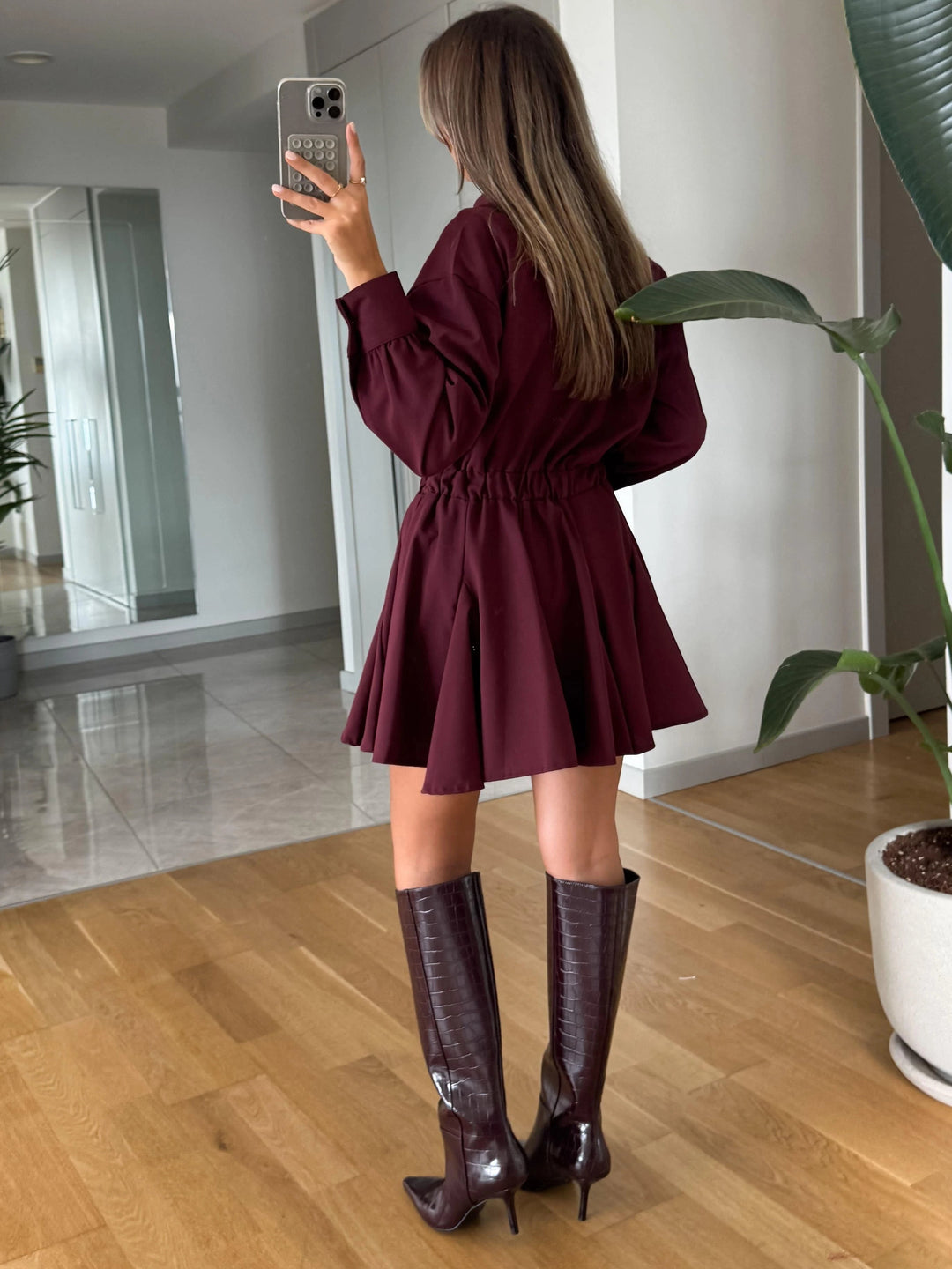 Elegant Long Sleeve Shirt Waist Mini Dress