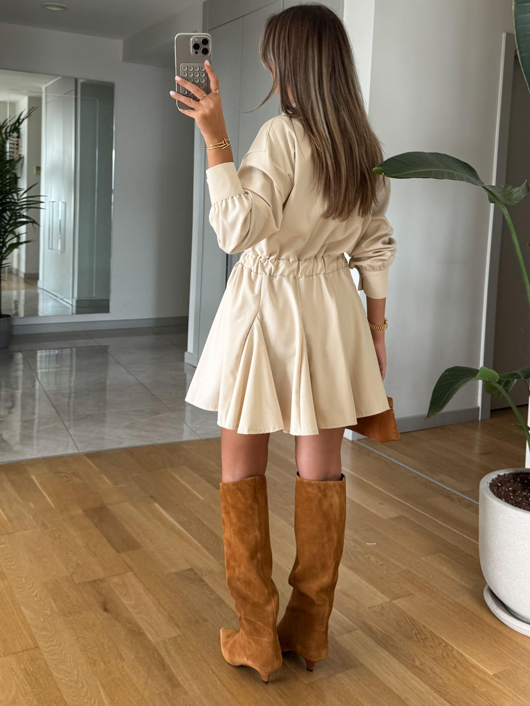 Elegant Long Sleeve Shirt Waist Mini Dress