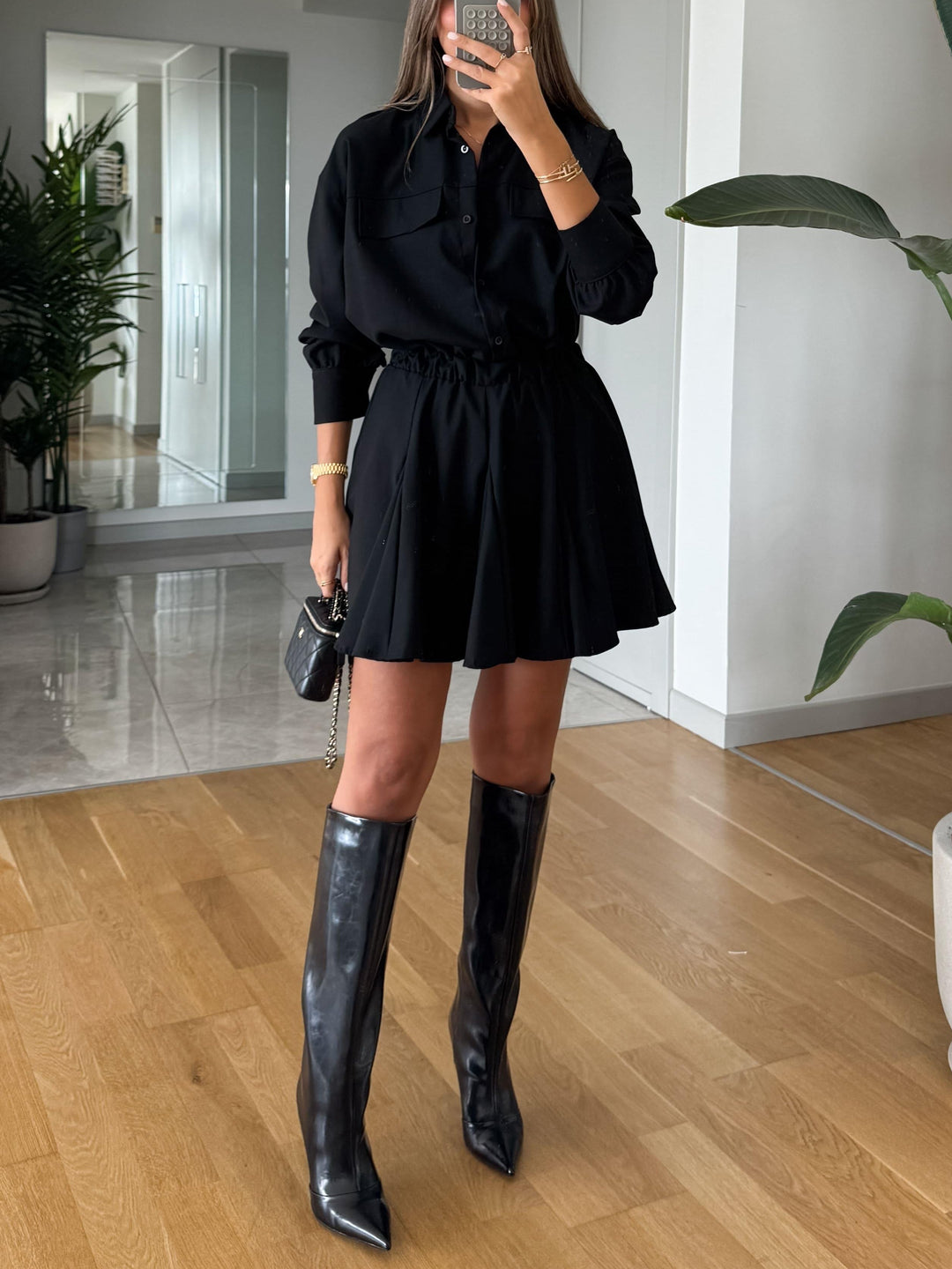 Elegant Long Sleeve Shirt Waist Mini Dress