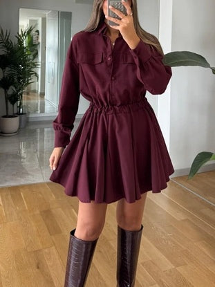 Elegant Long Sleeve Shirt Waist Mini Dress