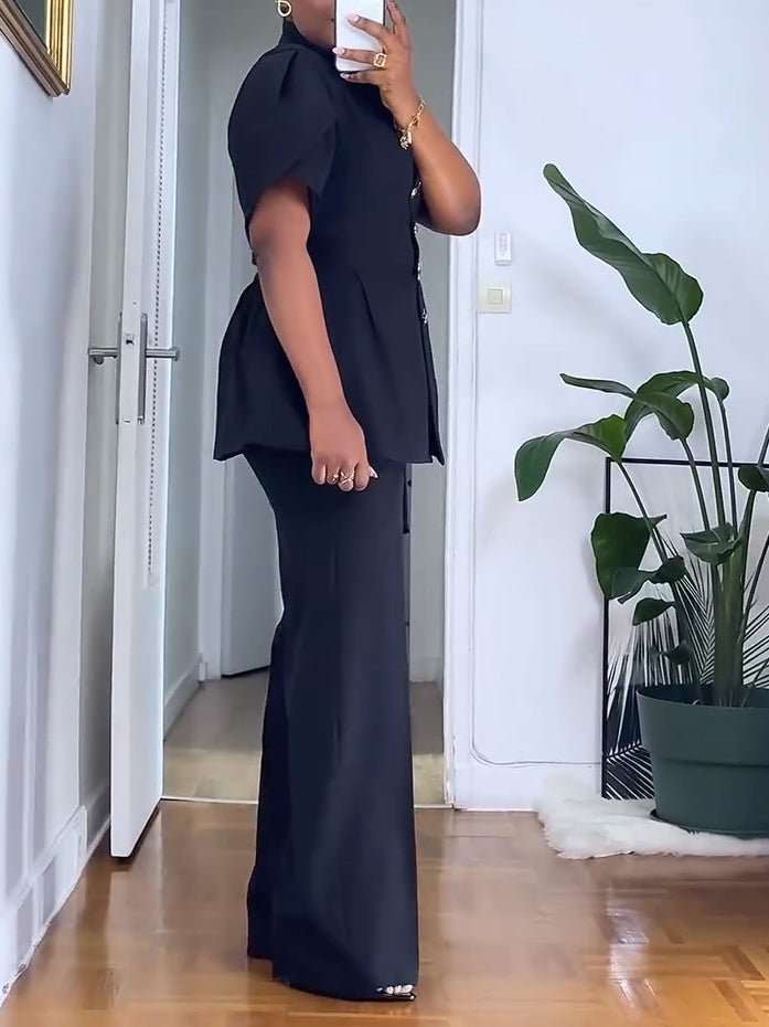 Elegant Black Top And Wide-leg Pants Two-piece Set