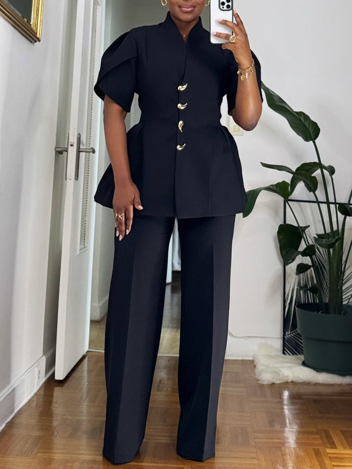 Elegant Black Top And Wide-leg Pants Two-piece Set