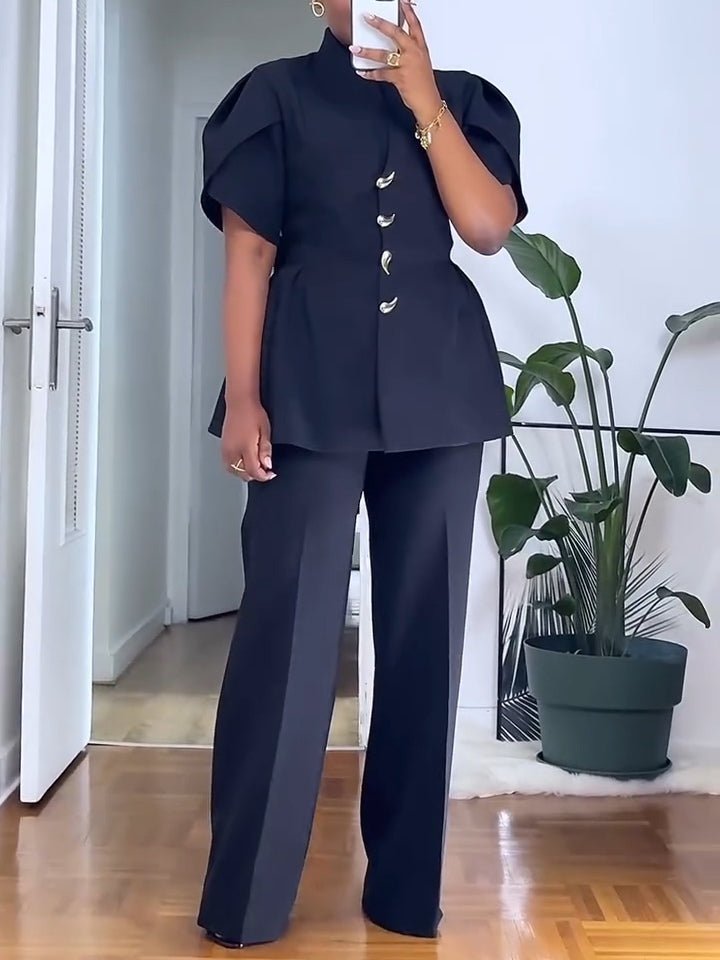 Elegant Black Top And Wide-leg Pants Two-piece Set