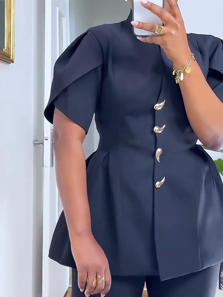 Elegant Black Top And Wide-leg Pants Two-piece Set