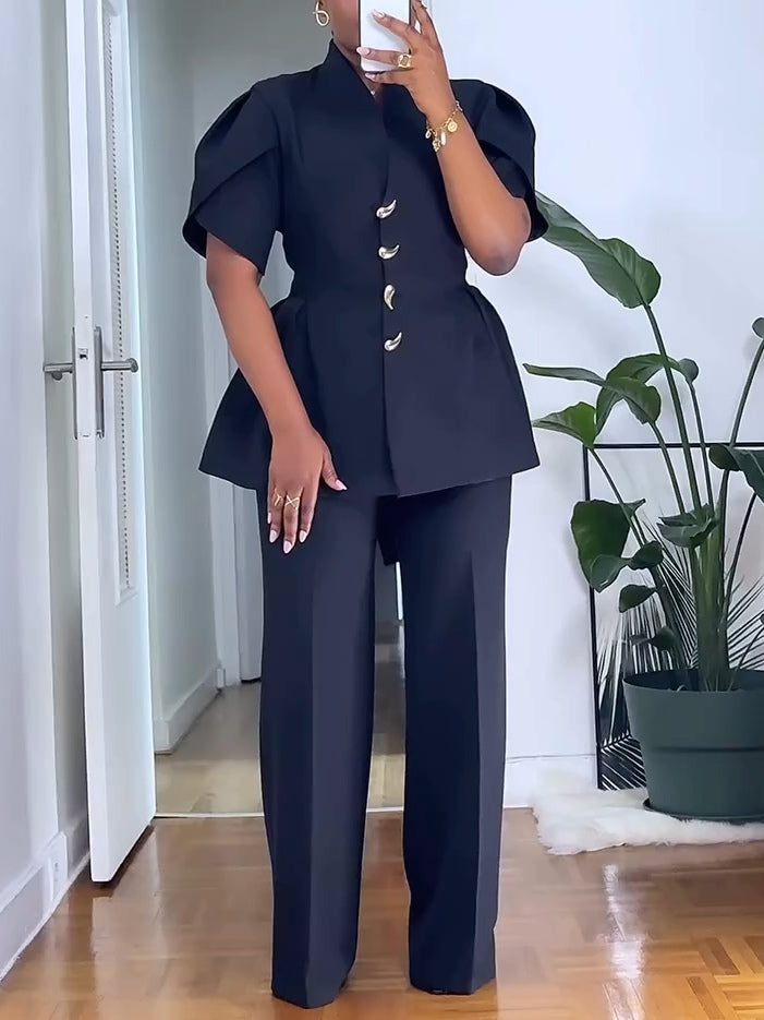 Elegant Black Top And Wide-leg Pants Two-piece Set