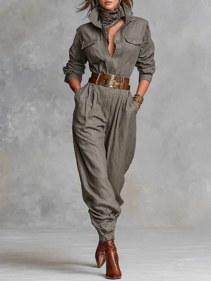 Cotton And Linen Blended Long Sleeve Shirt Jumpsuit