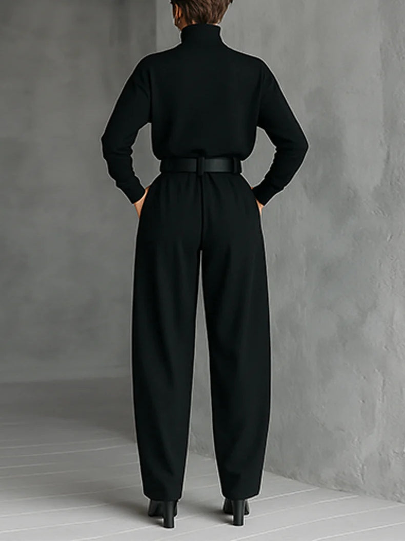 All-black Turtleneck Long-sleeved T-shirt And Straight-leg Pants Two-piece Set (including Belt)