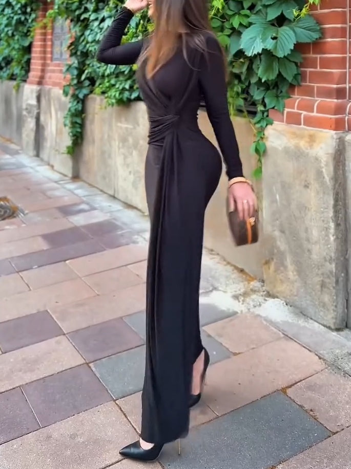 Elegant Black Pleated Waist Maxi Dress