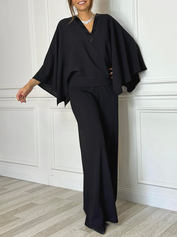 Black V-neck Cape Jumpsuit