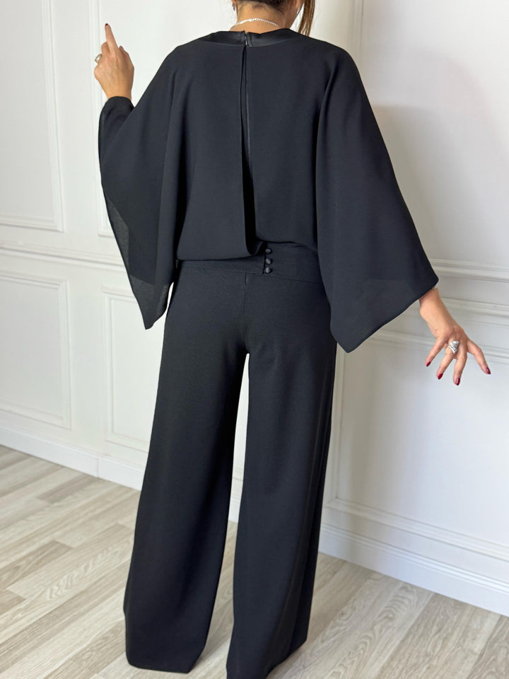 Black V-neck Cape Jumpsuit