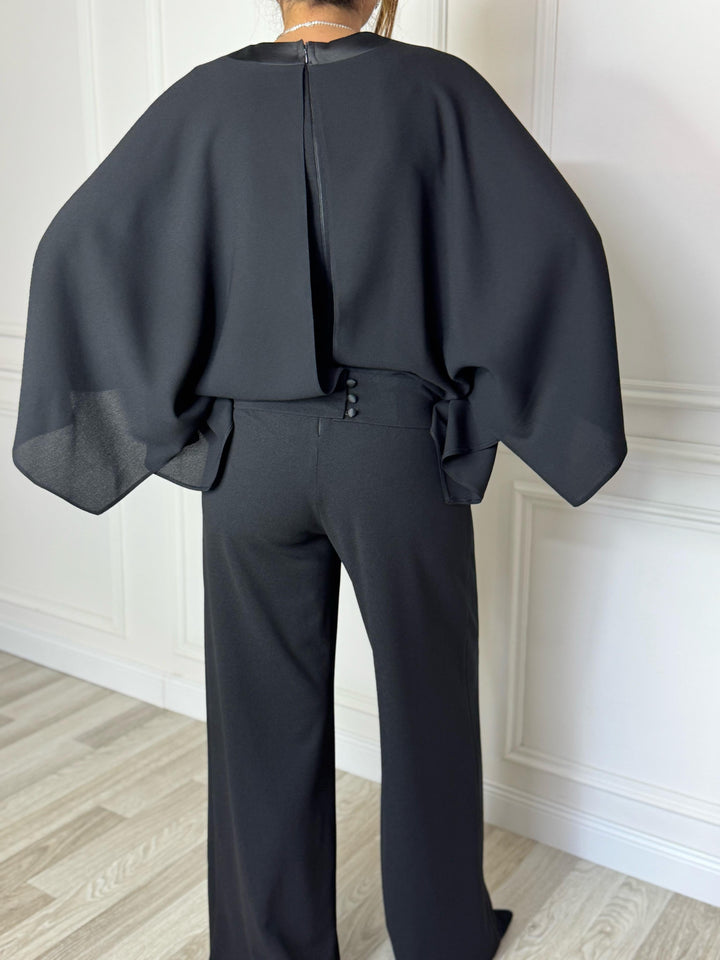 Black V-neck Cape Jumpsuit