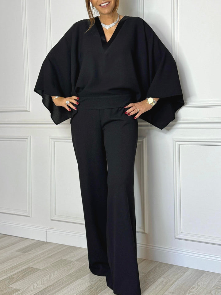 Black V-neck Cape Jumpsuit