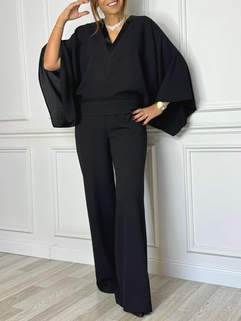 Black V-neck Cape Jumpsuit