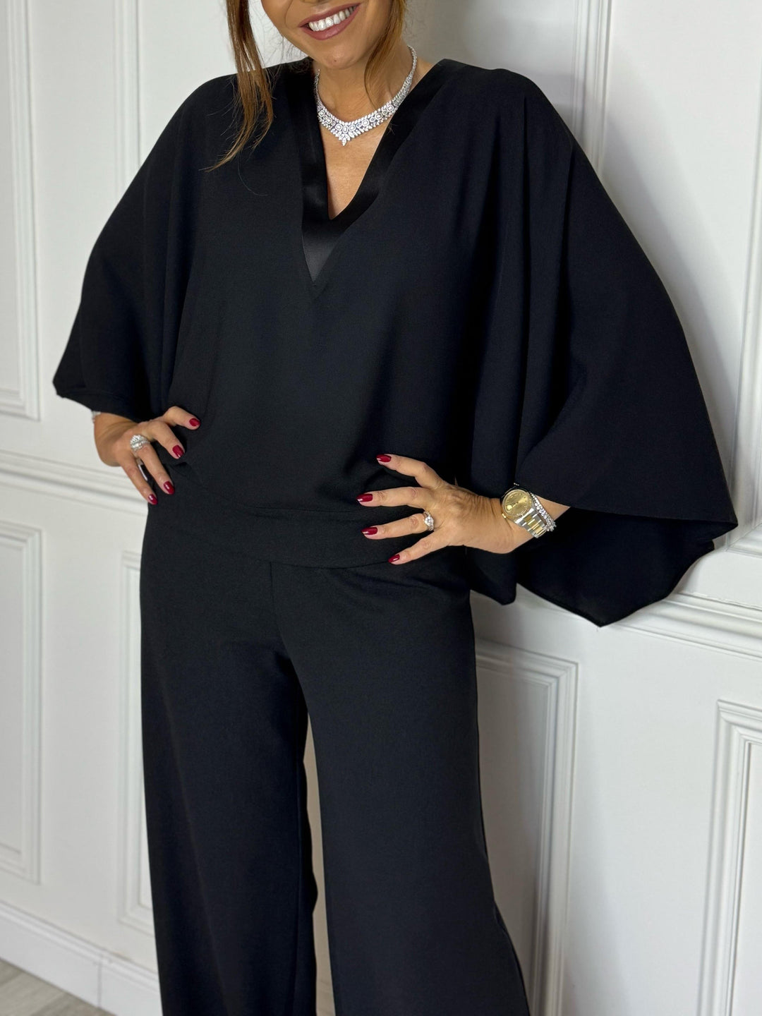 Black V-neck Cape Jumpsuit