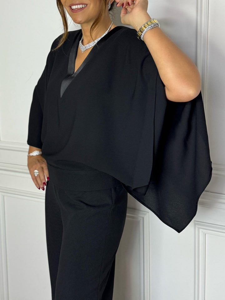 Black V-neck Cape Jumpsuit