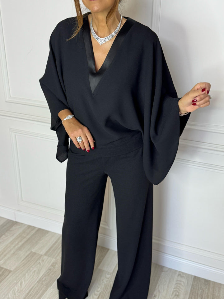 Black V-neck Cape Jumpsuit