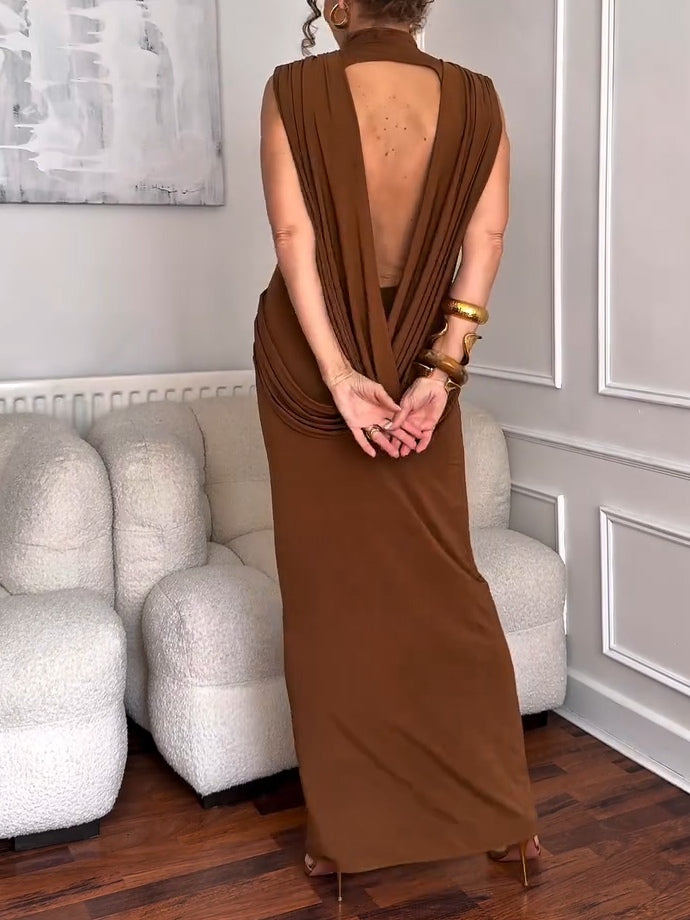 Brown High-neck Backless Sleeveless Slim-fit Maxi Dress