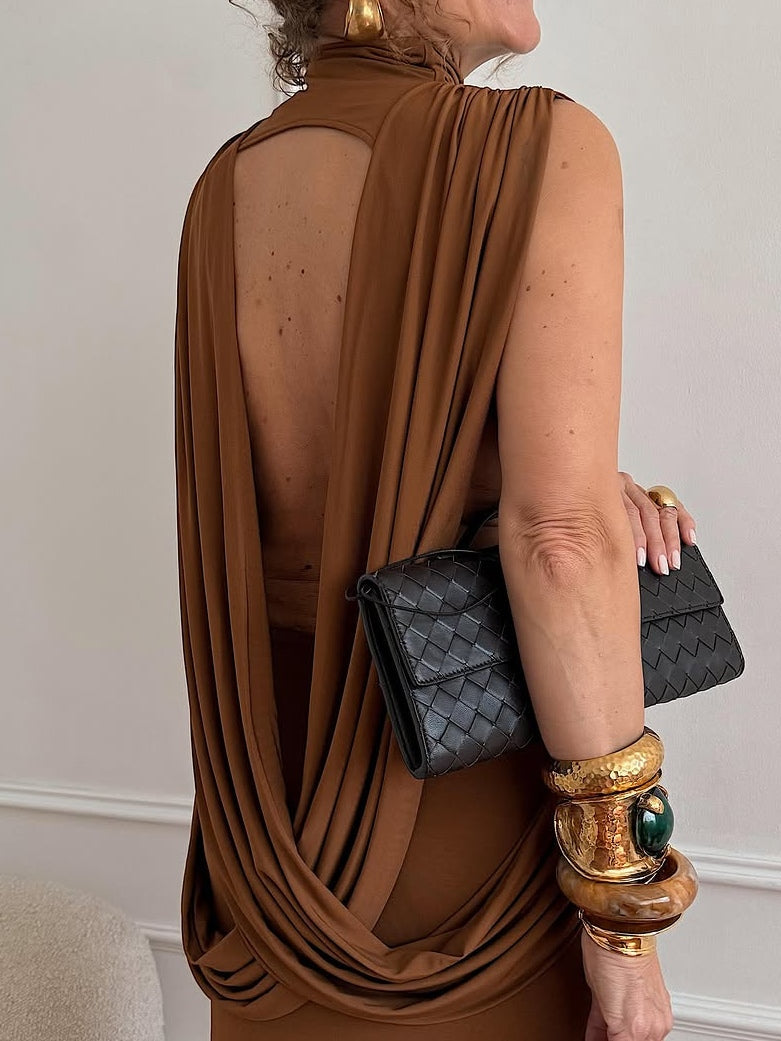 Brown High-neck Backless Sleeveless Slim-fit Maxi Dress