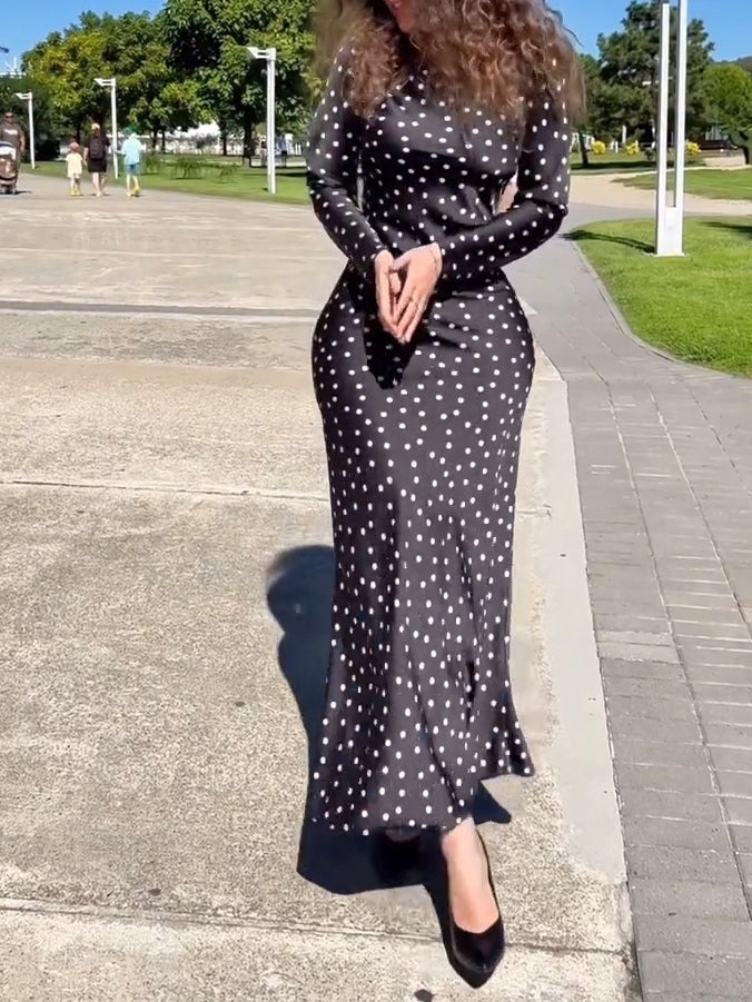 Elegant Black Polka Dot Long-sleeved Maxi Dress
