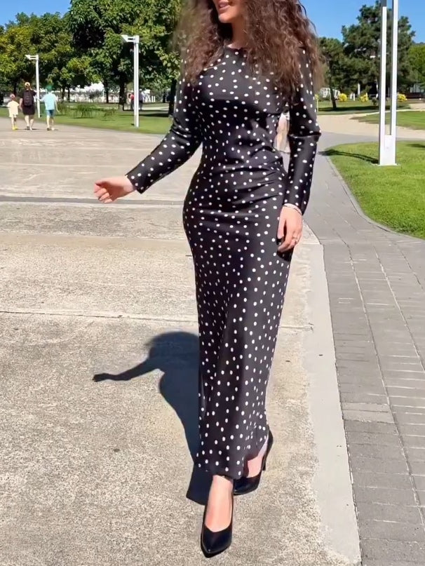 Elegant Black Polka Dot Long-sleeved Maxi Dress