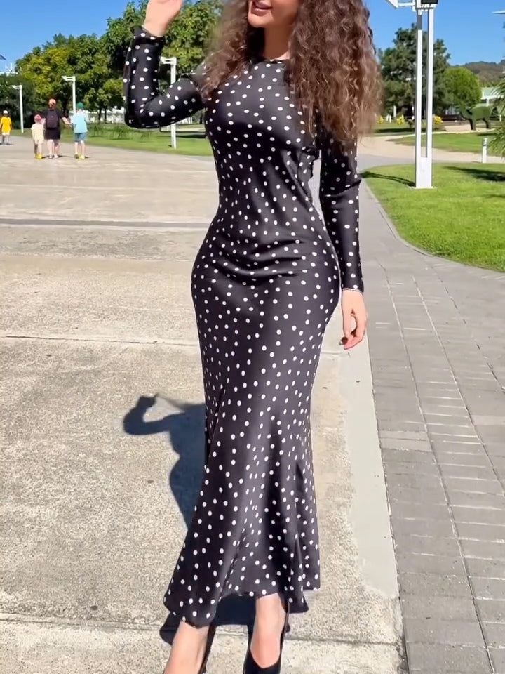 Elegant Black Polka Dot Long-sleeved Maxi Dress