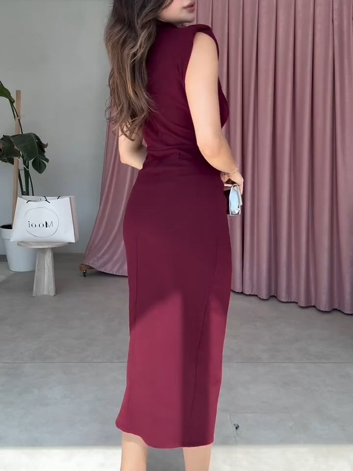 Burgundy High-neck Crystal Embellished Midi Dress