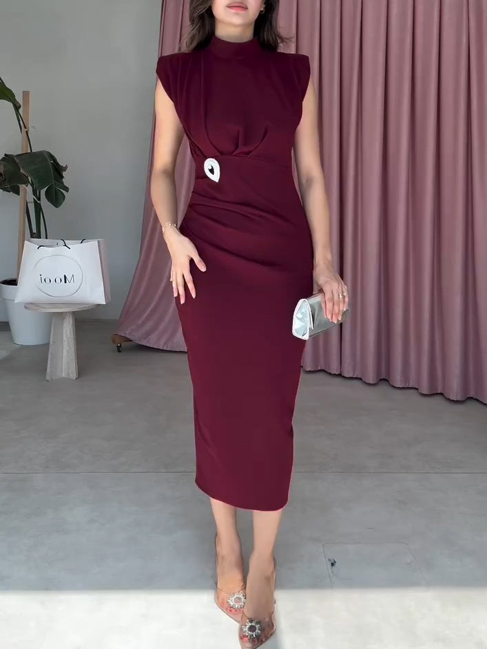 Burgundy High-neck Crystal Embellished Midi Dress