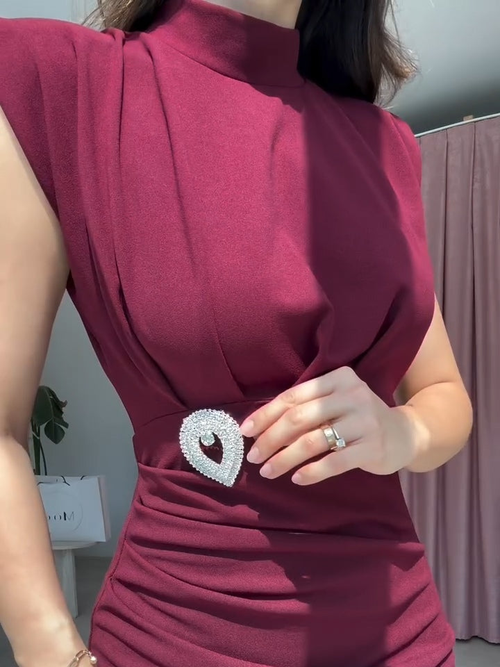 Burgundy High-neck Crystal Embellished Midi Dress