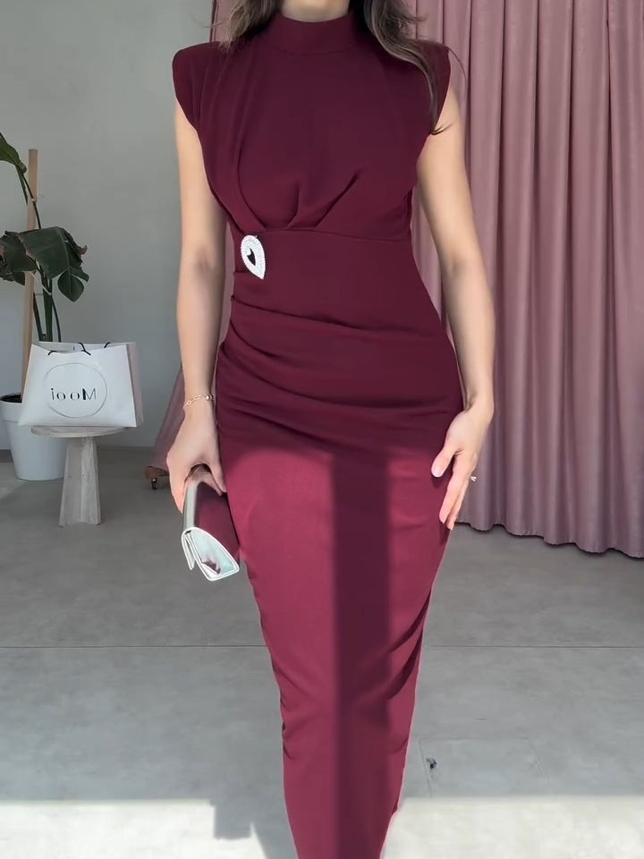 Burgundy High-neck Crystal Embellished Midi Dress