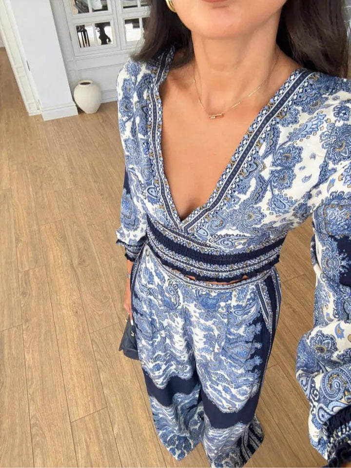 Navy Blue Ethnic Pattern Top And Wide-leg Pants Set