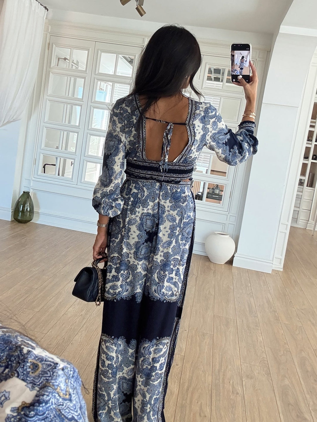 Navy Blue Ethnic Pattern Top And Wide-leg Pants Set