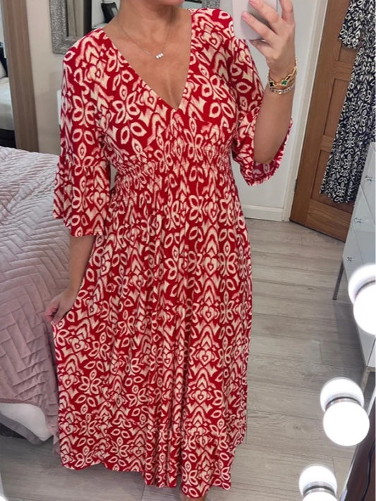 Bohemian Casual Print V-neck Waist Wrap Long Dress