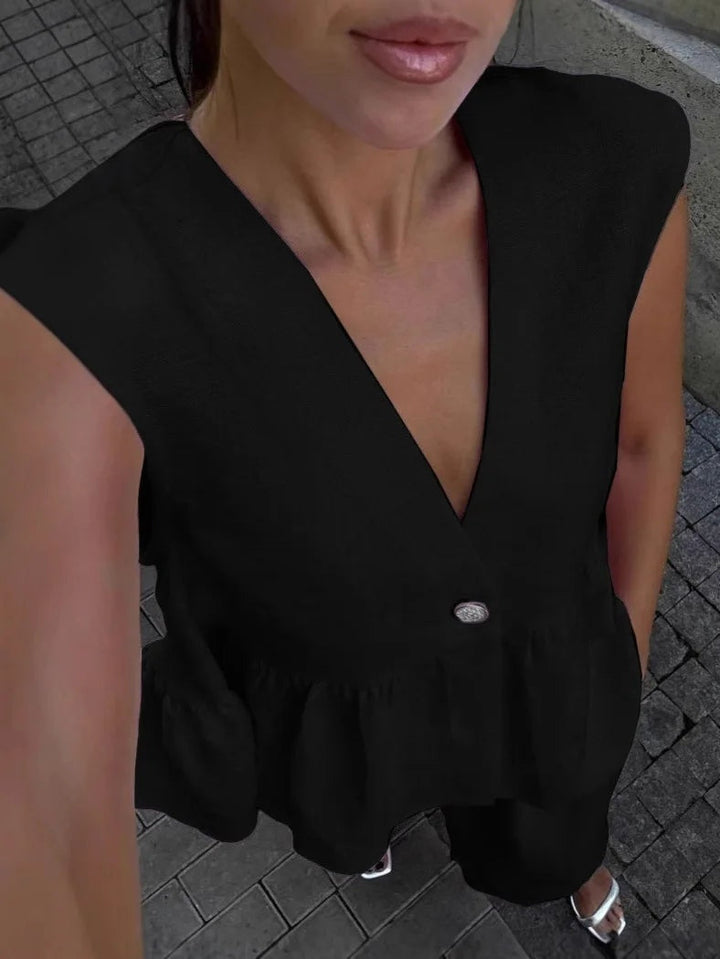 Cotton and linen V-neck ruffled two-piece suit