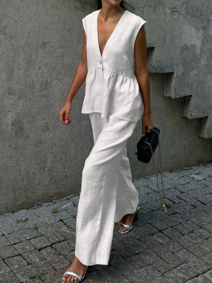 Cotton and linen V-neck ruffled two-piece suit