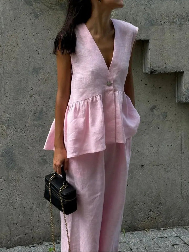 Cotton and linen V-neck ruffled two-piece suit