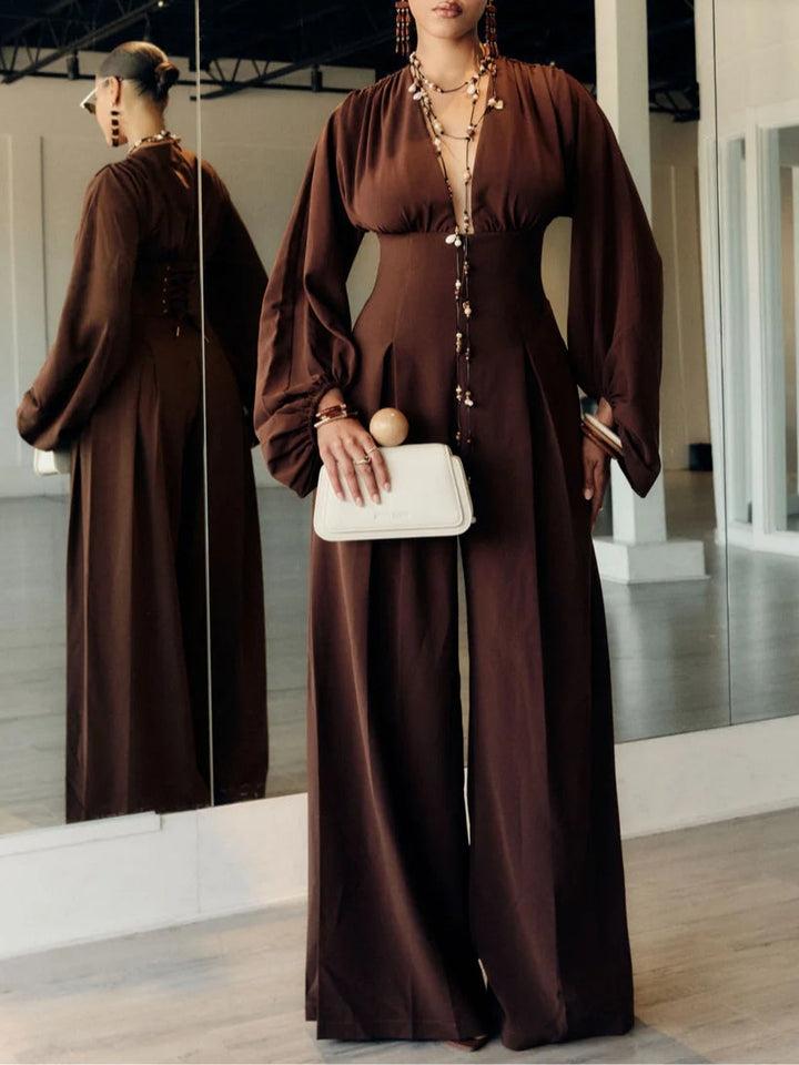 Brown Deep V Lantern Long Sleeve Jumpsuit